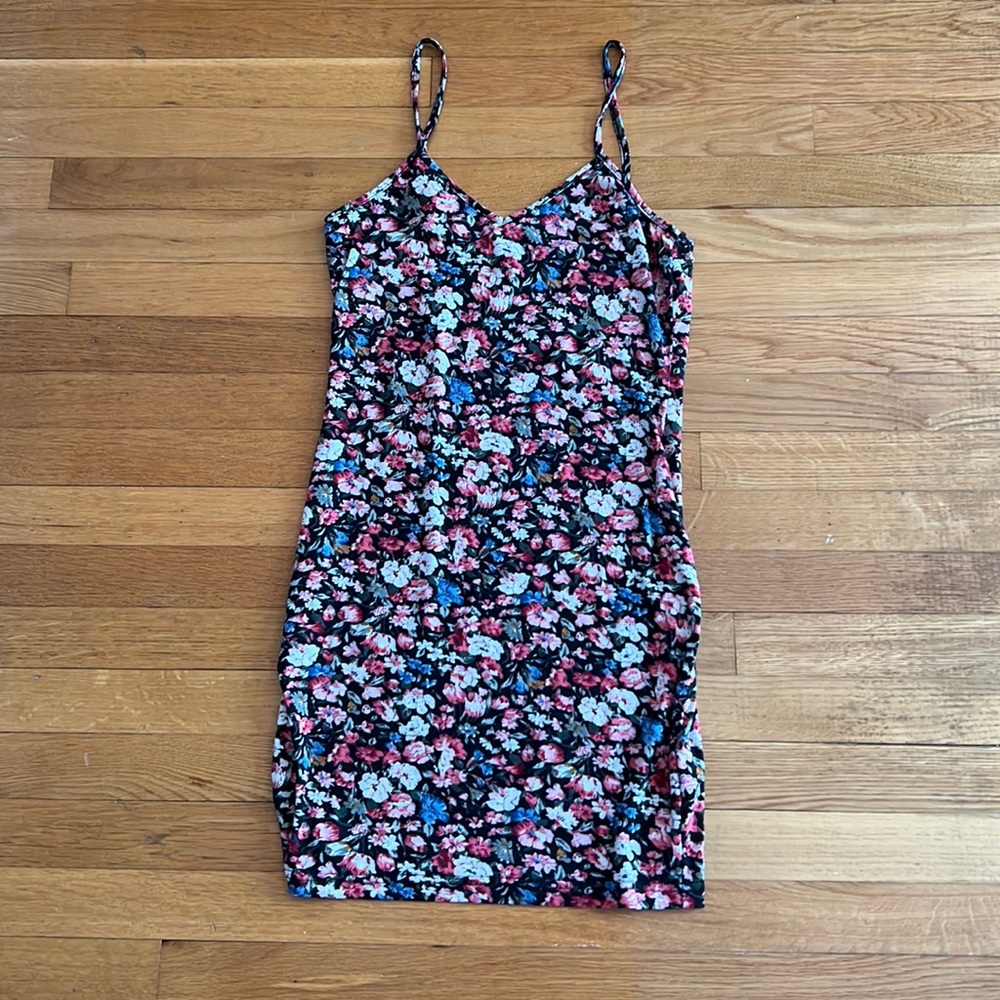 Black fitted dress with Pink and Blue floral, Medium, WORN ONCE, SHEIN